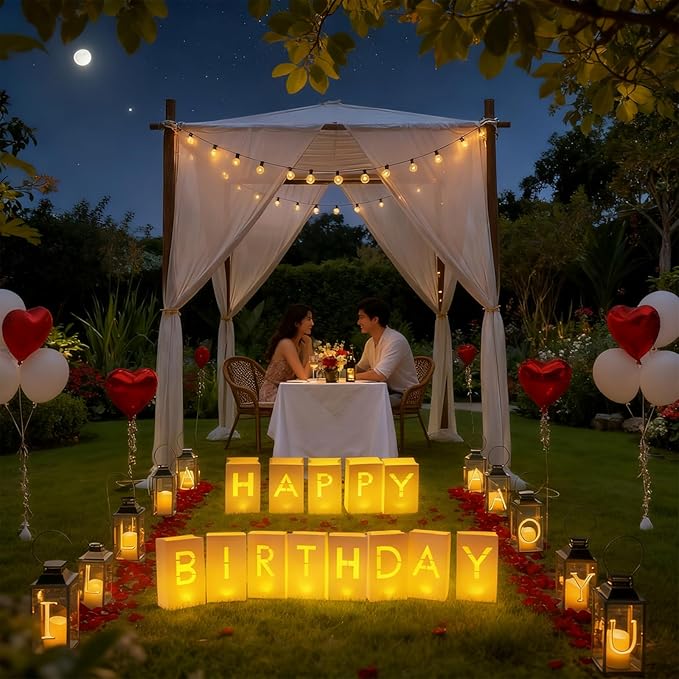 Happy Birthday Decoration for Men Women, Valentine’s Day Light Up Letters Luminary Bags with 30 Bright LED Candles, 2000 Rose Petals, 10 Balloons, Surprise Birthday Party Banner Signs