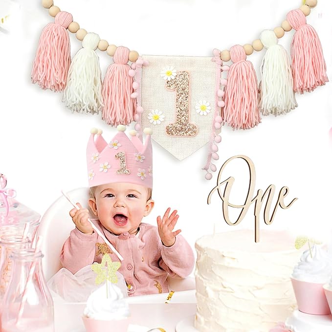 Daisy 1st Highchair Wood Bead Tassel Garland Crown Hat Wooden Cake Topper Birthday Decorations