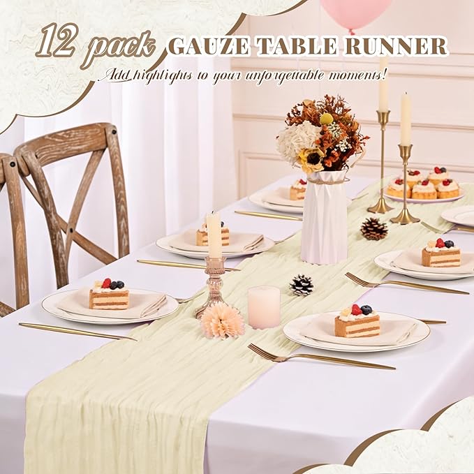 12 Pack Cheesecloth Table Runner,Ivory Table Runner Long Romantic Semi Sheer Rustic Boho Gauze Table Runners for Wedding Bridal Shower Birthday Party Decorations(17.7×108 Inch)
