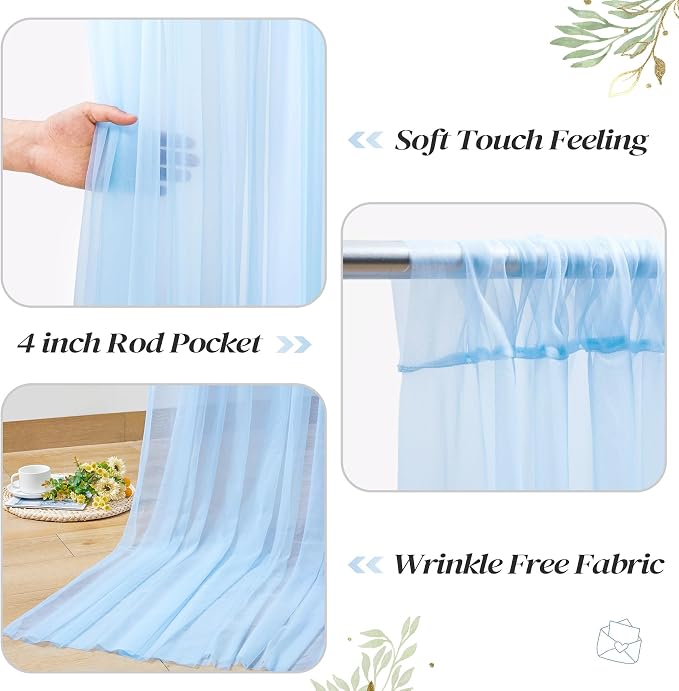 10ft x 8ft Blue Backdrop Curtain with Lights String for Parties, Sheer Tulle Wedding Photo Backdrops Drapes for Baby Shower Birthday Party Decorations Background for Photography