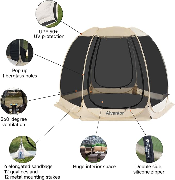 Alvantor Pop Up Screen House Tent, Instant Outdoor Gazebo with Mosquito Netting & UPF 50+ Sun Protection, Portable Canopy Shelter for Patio, Backyard, Camping (2-10 Person)