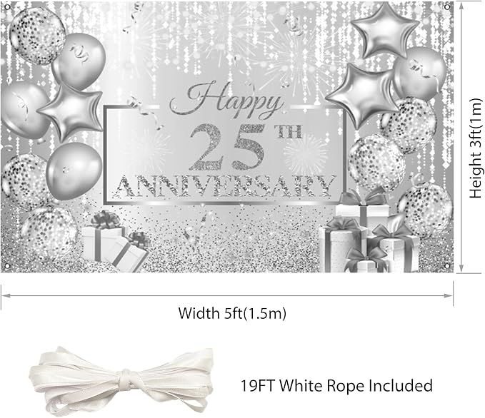 AOFOTO Happy 25th Anniversary Backdrop Glitter Grey Spots Ballons Printed Photography Background 25 Years Wedding Anniversary Party Home Wall Decor Supplies Banner Portrait Photo Studio Props 5x3ft