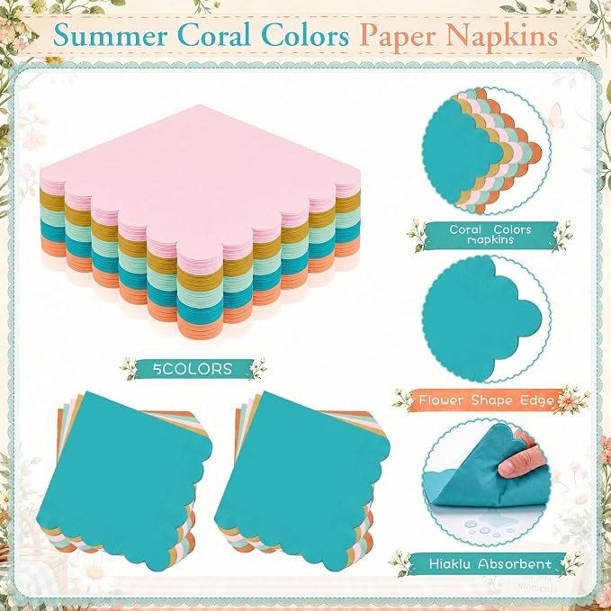 Zhehao 175 Pcs Colorful Coral Party Supplies Rainbow Disposable Tableware with Plates, Cups, Napkins, Cutlery in Coral Tones for Summer Tropical Baby Shower, Birthday, Wedding Party