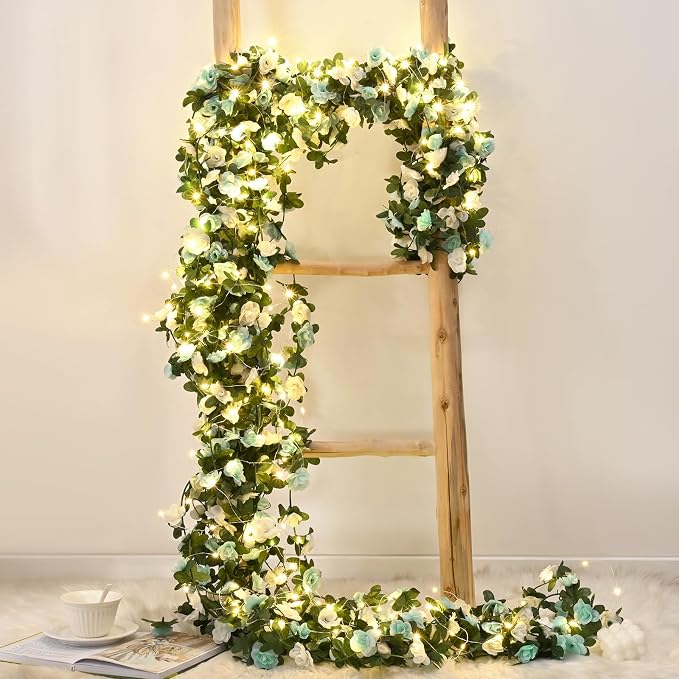 BLEUM CADE 12Pcs 98.4Ft Flower Garland Artificial Rose Vines with 98.4Ft String Lights, Cute Fake Hanging Flower Vines Floral Garland Decorations for Wedding Party Wall Room Decor Aesthetic