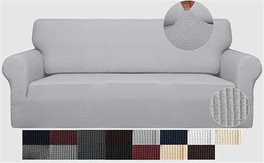 JIVINER High Stretch Couch Covers for 3 Cushion Couch 1-Piece Extra Large Sofa Covers with Elastic Bottom Anti Slip Elastic Sofa Slipcover Furniture Protector for Pets (XL Sofa, Light Gray and White)
