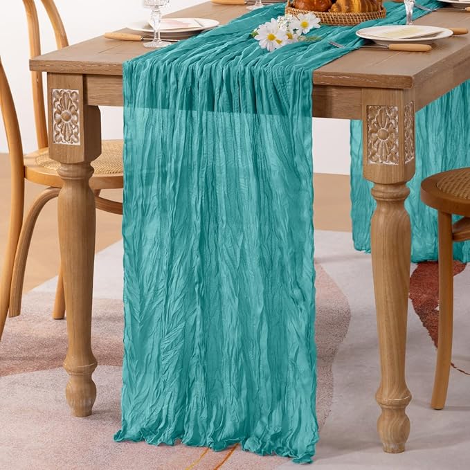 MLMC 3 Pack Teal Table Runner 10ft Spring Sheer Gauze Cheesecloth Table Runner Cheese Cloth Centerpiece Decororations 35x120 Inches for Easter Wedding Bridal Baby Shower Birthday Party Decor