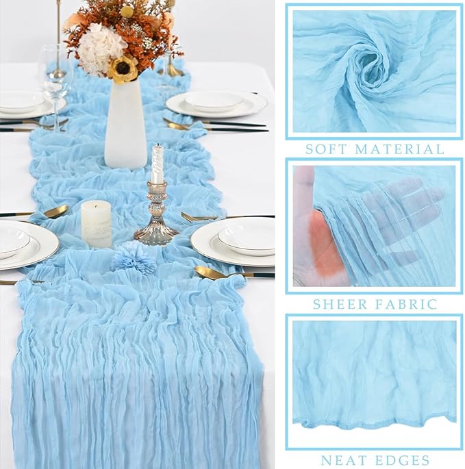 6 Pcs Baby Blue Cheesecloth Table Runner 10FT Runner for Tables 35 x 120 Inches Long Gauze Boho Fabric Table Runner Decoration Rustic Sheer Runner for Wedding Birthday Baby Shower Party (Baby Blue)