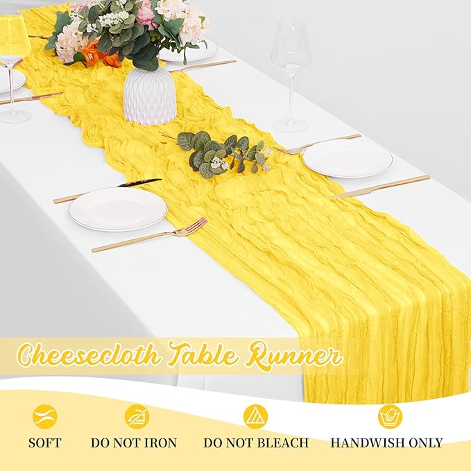 16 Pack Lemon Yellow Cheesecloth Table Runners 20x120 Inch Gauze Table Runner 10FT Easter Cheese Cloth Table Runner Rustic Sheer Runner for Wedding Baby Shower Birthday Party Table Decor