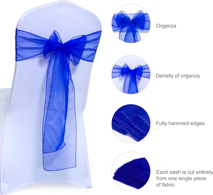 MDS® Pack of 150 Organza Chair Sashes for Wedding Decoration, Reusable Sheer Chair Bows for Banquet Chair Cover, Reception, Bridal Shower, Baby Shower, Birthday Party & Special Events - Royal Blue