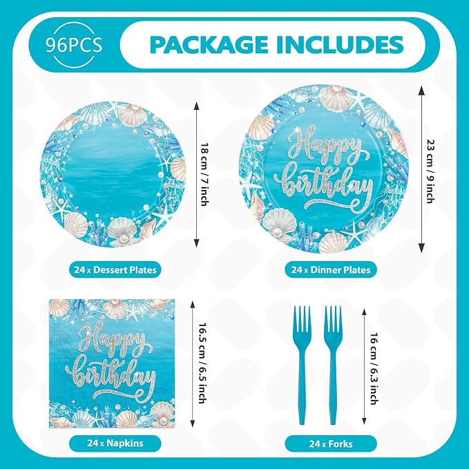 96Pcs Ocean Sea Party Decorations Ocean Waves Birthday Plates and Napkins Disposable Summer Blue Sea Tableware Sets for Boys Girls Birthday Baby Shower Coastal Party Supplies, Serves 24