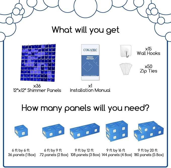 COKAOBE Blue Shimmer Wall Backdrop, 36PCS Square Sequin Shimmer Backdrop Panel, Photo Backdrops for Birthday, Anniversary, Wedding, Graduation & Bachelorette Party Decoration