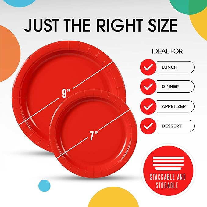 Exquisite Red Paper Plates Disposable Heavy Duty 100 Pcs - 50-7" & 50-9" Red Disposable Plates For Party Heavy Duty Paper Plate 350 GSM Birthday Party Supplies Plate Set