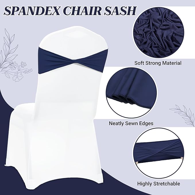 MDS Pack of 250 Spandex Chair Sashes Bows Elastic Stretch Dining Chair Bands Ties Without Slider Buckle Universal fits for Wedding Baby Shower Birthday Party Banquet Event Decoration - Navy Blue