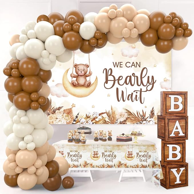 DataMoon Teddy Bear Baby Shower Decorations - Baby Boxes with Letters,Boho Balloons,We Can Bearly Wait Backdrop,Cake Topper,Tablecloth for Baby Shower,Gender Reveal Party Supplies