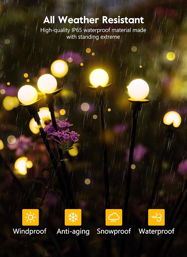 Brightown 4 Pack Solar Garden Lights, 48 LED, Warm White | Firefly Lights, 2 Lighting Modes, Wind Sway, IP65 Waterproof, For Garden Yard Pathway