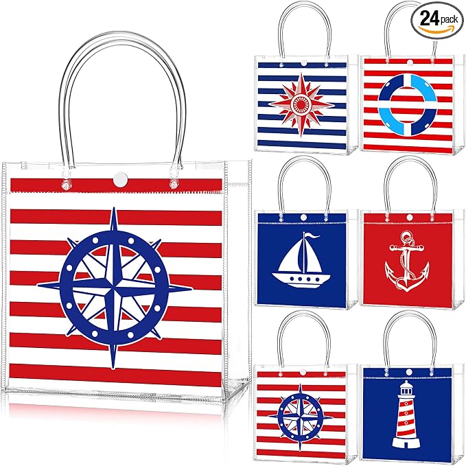 Teenyyou 24 Pcs Nautical Clear Gift Bags with Handles Cruise Party Favors PVC Goodie Treat Candy Tote Plastic Gift Bags for Sailing Theme Birthday Party Supplies