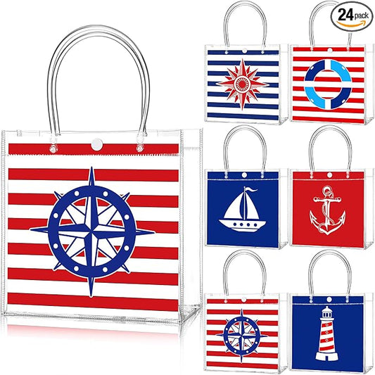 Teenyyou 24 Pcs Nautical Clear Gift Bags with Handles Cruise Party Favors PVC Goodie Treat Candy Tote Plastic Gift Bags for Sailing Theme Birthday Party Supplies