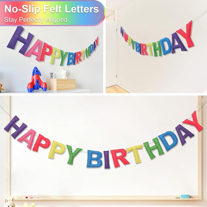 Pre-Strung Happy Birthday Banner & Felt Garland Set - Pastel Birthday Decorations for Women Girls | Reusable Party Supplies for Indoor & Outdoor