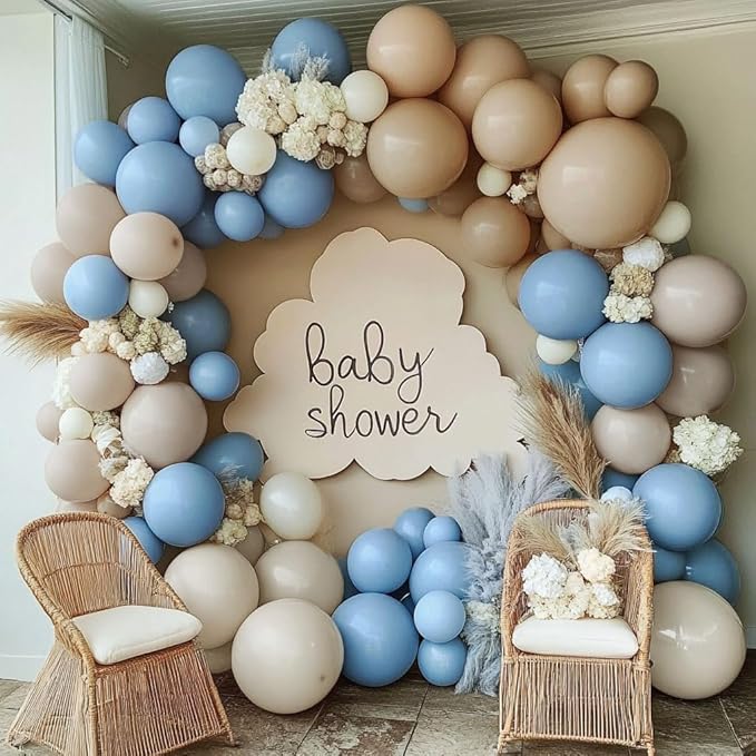 Dusty Blue Brown Balloon Garland Double Stuffed Blue Tan White Sand Grey Latex Neutral Balloon Arch Kit For Teddy Bear Baby Shower Boho Birthday Gender Reveal Party Decoration
