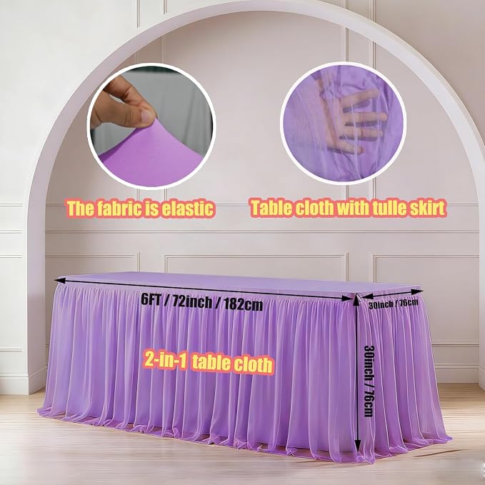 Light Purple 2-in-1 Stretch Tulle Table Cover & Skirt – Fits 6ft Rectangular Tables, Perfect for Baby Shower, Bridal, Birthday & Princess Parties (1 Pack)