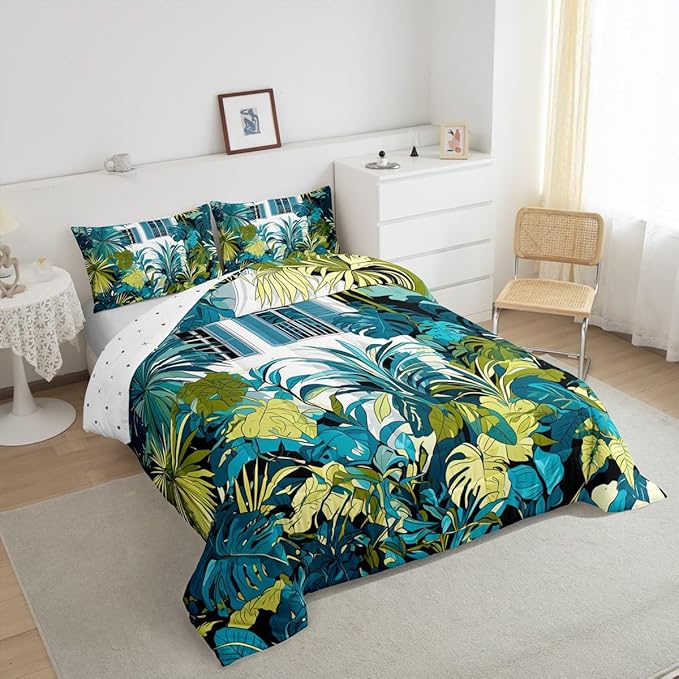 jejeloiu Palm Leaf Comforter Set King Size Kids Tropical Leaves House Bedding Set for Boys Girls Summer Botanical Branches Nature Theme Duvet Quilt Room Decor