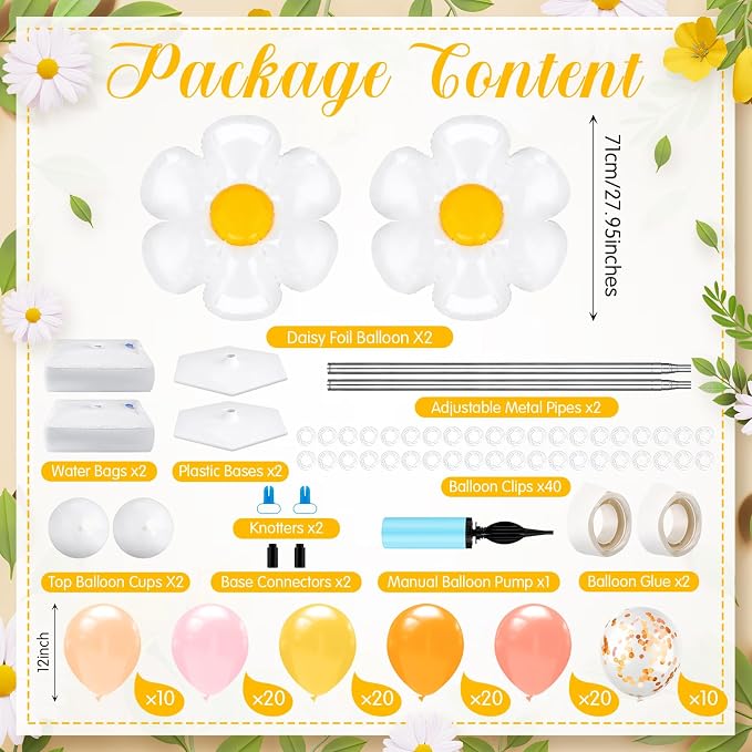 Kasyat 2 Set Groovy Daisy Balloon Column Stand Kit with Adjustable Balloon Arch Kit Boho Pastel Pink Orange Yellow Flower Party Supplies for Wedding Baby Shower Two Groovy Birthday Party Supplies