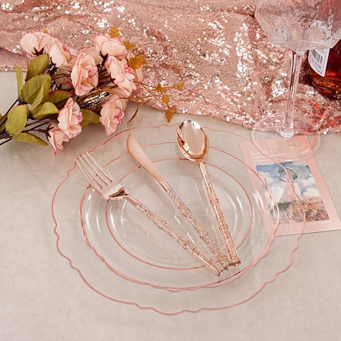 Liacere 150PCS Rose Gold Plastic Plates - Clear Rose Gold Disposable Plates with Glitter Bamboo Handle Cutlery - 60 Baroque Elegant Plates, 30 Forks, 30 Spoons, 30 Knives for Wedding ＆ Mothers Day