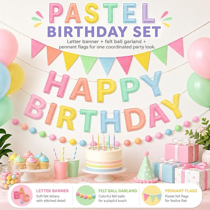 GOOGO Felt Happy Birthday Banner Set, Pastel Pre-Strung Party Decorations with Letter Banner, Felt Ball Garland and Pennant Flags for Girls and Women Birthday Decor