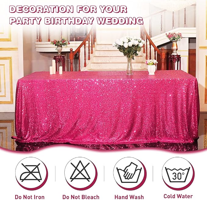 Eternal Beauty Hot Pink Tablecloth, 50x80 Inch Sequin Rectangle Table Cover for Mother's Day Cake Dessert Exhibition Party Birthday Events