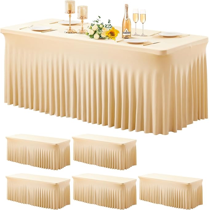 Wish Care 6 Pack Stretch Spandex Table Clothes for 8 Foot Rectangle Tables, 8FT Wrinkle Free Fitted Tablecloths Ruffles Design Table Cover for Party, Banquet, Wedding and Events