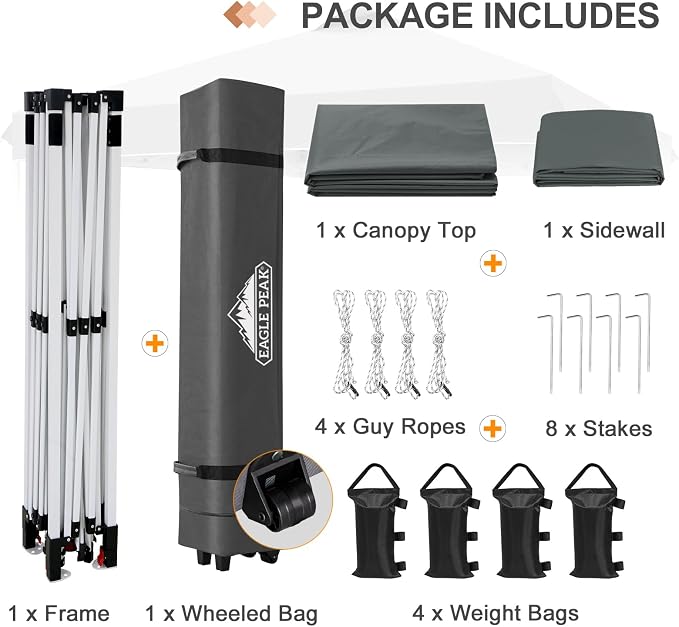 EAGLE PEAK Commercial Canopy 12x12 Pop Up Canopy Tent with 1 Sidewall, Easy Setup Heavy Duty Instant Event Shelter for Vendors & Markets, Outdoor Sun Shade, Gray
