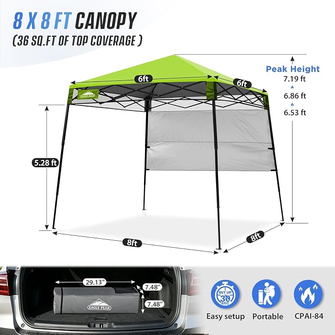 EAGLE PEAK 8x8 Pop Up Canopy Tent with Sidewall, Compact, Portable Slant Leg Instant Sun Shelter for Beach, Sports, & Camping, 8x8 Base 6x6 Top, Green
