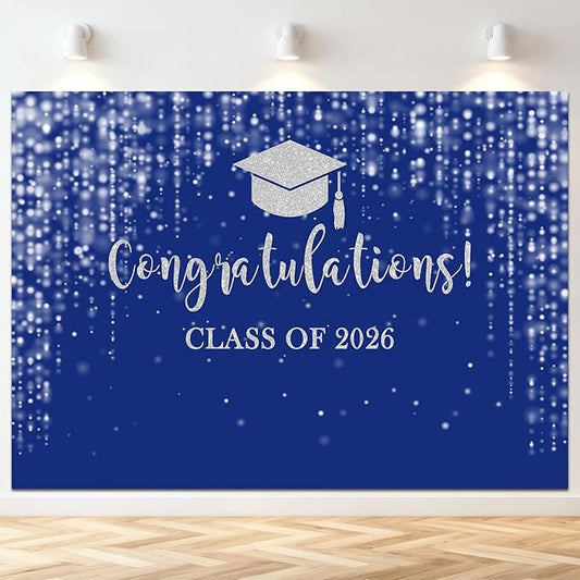Mocsicka Class of 2026 Backdrop Blue Silver Glitter Bokeh Graduation Party Background 2026 Congrats Grad Prom Party Cake Table Decoration Photo Booth Props (7x5ft)