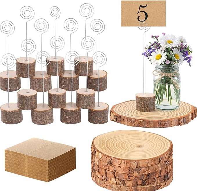 Amyhill Wedding Table Centerpieces 6 Wood Slices 12 Wood Place Card Holders 30 Kraft Place Cards Natural Wooden Table Number Holders Rustic Food Labels Sign Name Card Picture Holder with Swirl Wire