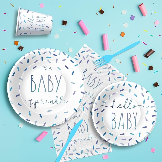 Sprinkle Baby Shower Decorations Tableware for Boy, Blue Confetti It's a Baby Sprinkle Party Decorations Supplies, Paper Plate, Napkin, Cup, Disposable Cutlery, Tablecloth, Serves 24