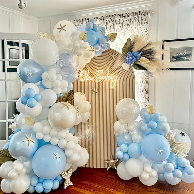 Double Pearl Blue Stuffed Balloons Different Size 115Pcs 5/10/12/18" Light Blue Balloon Arch Kit for Birthday Baby Shower Bridal Shower Engagement Ocean Under the Sea Frozen Theme Party