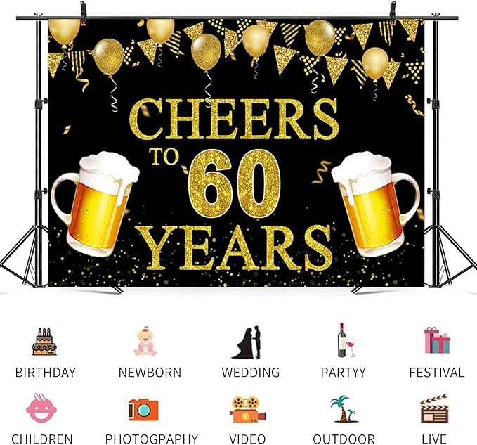 6x4ft 60th Birthday Backdrop Cheers to 60 Years Photography Background Golden Balloon Flag Beer Men Women 60th Birthdays Party Banner Decorations Anniversary Parties Photo Booth Prop