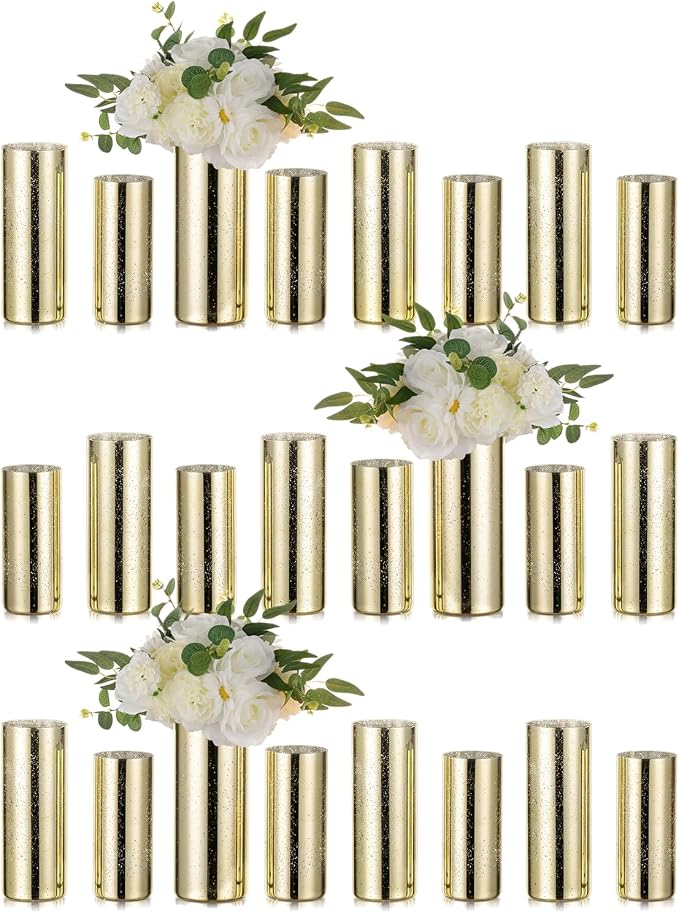 Glass Cylinder Vases Set of 24, Hewory Glittery Gold Vase for Centerpieces, Glass Hurricane Candle Holders for Pillar Floating Candle, Tall Round Vase for Wedding Anniversary Events Home Table Decor