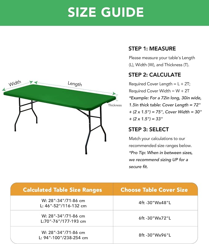 KeyWave Fitted Tablecloth Rectangle Table Cloths - 6 Pack 8 Foot Elastic Stretch Folding Table Top Cover Water-Resistant Reusable for Outdoor Picnic Camping Party Event, Green, 96" L x 30" W