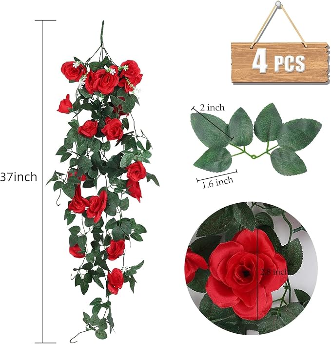 RECUTMS Artificial Red Rose Hanging Flowers Plants, 4PCS 37 Inches Draping Fake Ivy Garland with 30 LED Fairy String Lights for Home Garden Wedding Valentines Day Indoor Outdoor Greenery Decorations