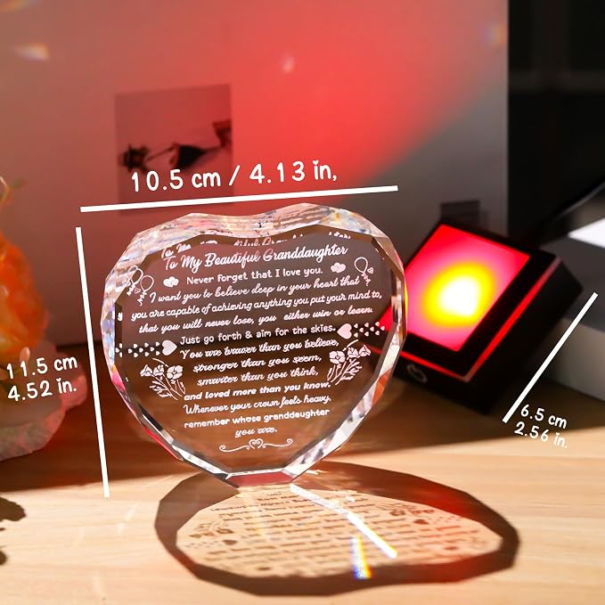 Arikyrist Birthday Gifts for Granddaughter Crystal Heart Plaque with LED Base Granddaughter Gifts from Grandma Graduation Wedding Christmas Presents for My Granddaughters