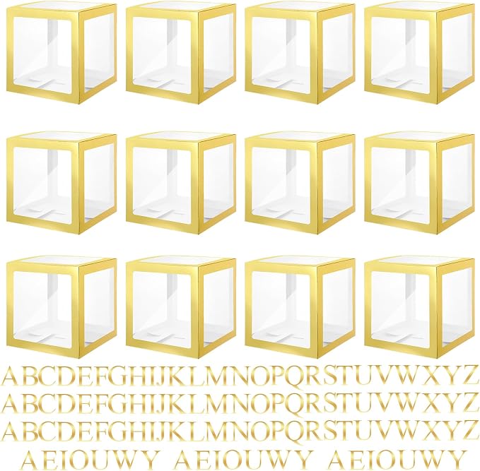 Thyle 12 Pcs Transparent Balloon Boxes Clear Balloon Boxes with 99 Letters for Baby Shower Gender Reveal Grad Birthday Party Bridal Wedding Anniversary Backdrop Decoration (Gold)