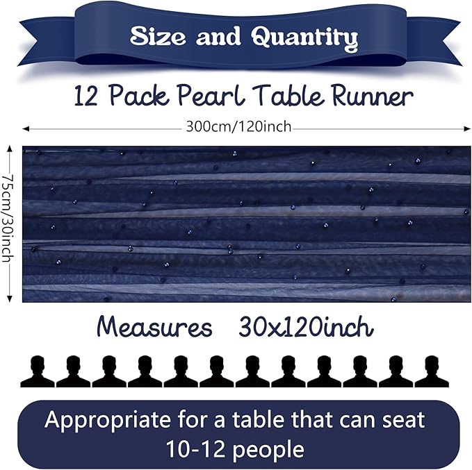 12 Pack 10FT Pearl Table Runner 30x120 Inch Navy Blue Tulle Fabric Boho Rustic Sheer Table Runners Lace Table Cloth for Wedding Bridal Shower Birthday Party Arch Veil Dessert Table Decor (Navy Blue)