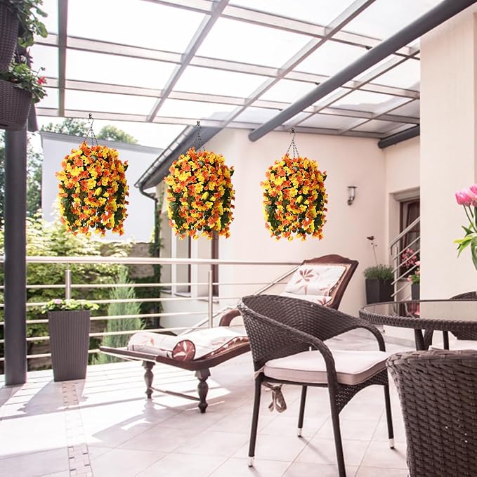 INQCMY Fake Flowers with Hanging Basket Realistic Artificial Begonias | Faux Plants UV Resistant for Outdoors Fall Decor, Silk Trailing Flower for Outside Windowsill Porch Patio Yard Planters