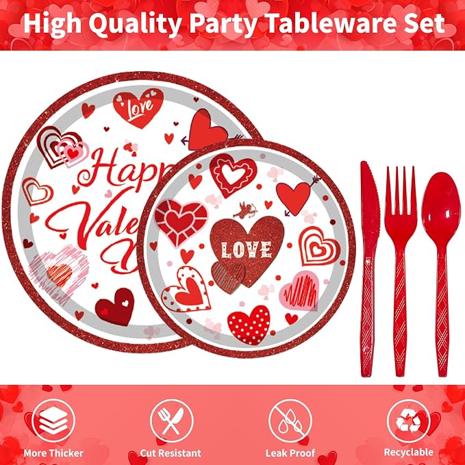 Valentines Day Party Supplies Set for 24, Valentine's Day Plates and Napkins Valentines Tablecloth Cups Valentine Disposable Dinnerware for Valentine's Days Party Decorations