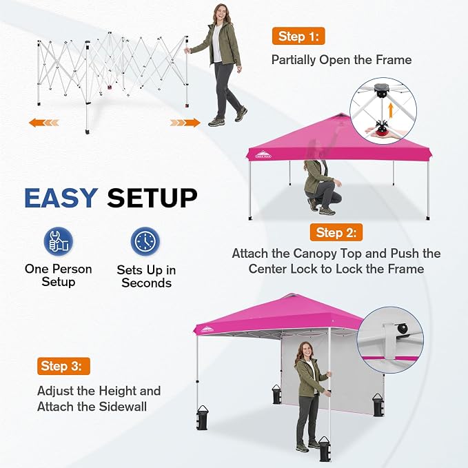 EAGLE PEAK Commercial Canopy 10x10 Pop Up Canopy Tent with 1 Sidewall, Easy Setup Heavy Duty Instant Event Shelter for Vendors & Markets, Outdoor Sun Shade, Pink