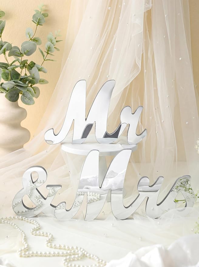 Yuntau Mr & Mrs Table Sign with Acrylic Mirror Wooden Freestanding Letters Sweetheart Table Decorations & Photo Props for Wedding Anniversary Parties Photo Props, Rustic Shower Gift(Silver)