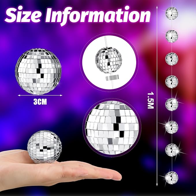 Sumind 8 Pack Disco Party Decorations Mini Disco Ball Garlands Silver Mirror Ball Hanging Banner Silver Streamer Curtains for Birthday Wedding Christmas Party Backdrop Supplies(1 Inch)