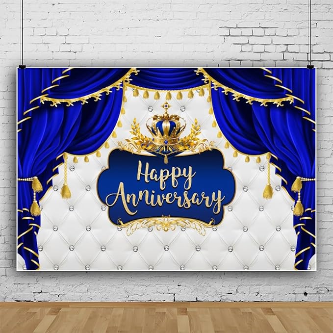 Happy Anniversary Backdrop Blue Curtain Gold Crown Diamond Wedding Together Photography Background for Anniversary Valentine's Day Wedding Party Decor Couple Love Party Photo Supply Vinyl 15x10ft