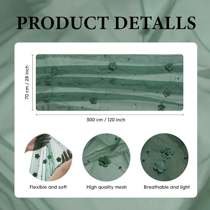 Artoid Mode Green Flower Pearl Green Gauze Table Runner 10FT, Seasonal Sheer Dining Holiday Wedding Birthday Baby Shower Table Decor for Home Party